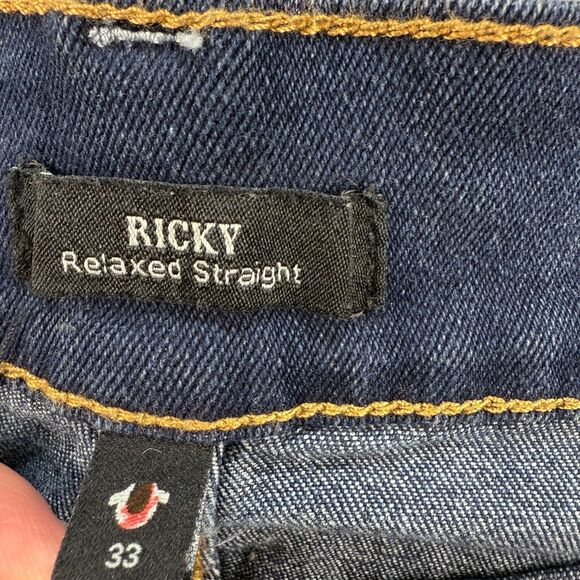 True Religion Ricky Jeans 33x33 Big T Relaxed Straight Flap Pocket Blue Denim - Picture 6 of 14